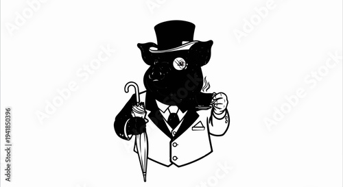 Sophisticated pig in formal attire holding umbrella and coffee