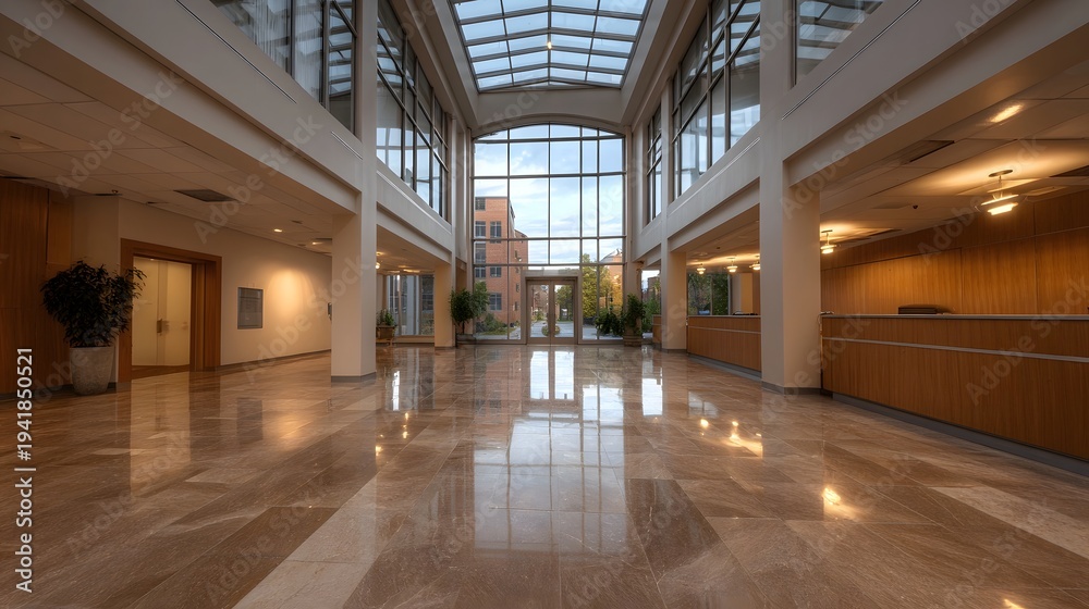 Naklejka premium Spacious modern building lobby with polished marble floors glass atrium and reception areas