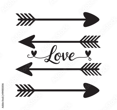 Four arrows with hearts and word love graphic design element on white background