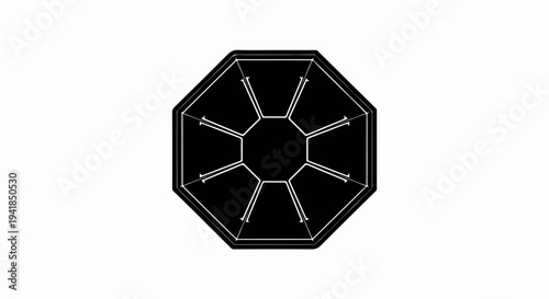 Stylized black octagon with radial white lines meeting a central void