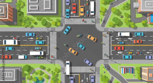 Aerial View of Busy City Intersection with Cars and Buildings.