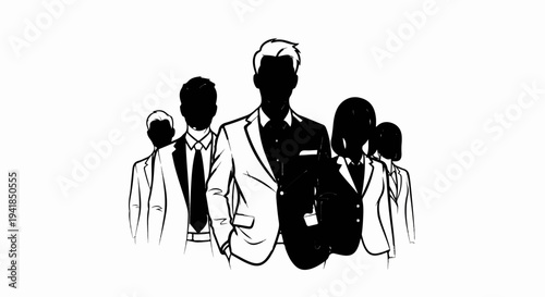 Stylized group of business people in silhouette, dynamic composition