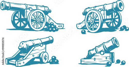 Hand Drawn Vintage Cannon Set Vector Illustration, Antique War Cannon Sketch Collection.
