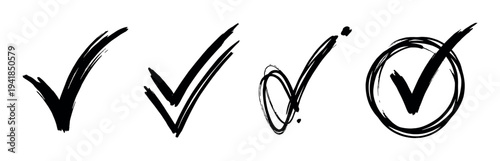 Four black hand-drawn check mark icons in a grunge style, showing different variations of a tick symbol for approval, confirmation, and voting on a list or survey
