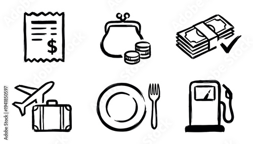 Set of six hand-drawn black icons representing personal expenses like travel, food, fuel, and money, drawn in a simple minimalist brush stroke sketch style for financial concepts