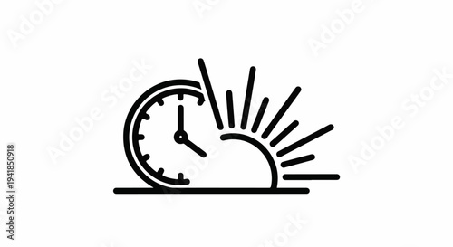 Stylized icon of a clock with radiating sun rays, symbolizing morning or time