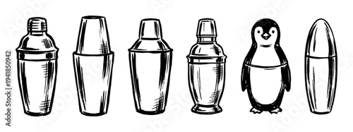Collection of hand-drawn cocktail shakers including a cute penguin-shaped shaker, all illustrated in a black and white sketch style for a bar or restaurant menu concept