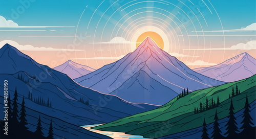 Majestic Mountain Landscape with Sunrise Over Peaks.