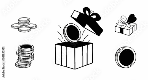 Stylized icons of coins and gift boxes, one coin emerging from an open box
