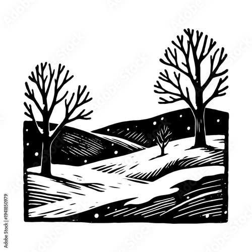 Snowy countryside scene with bare trees and hills in woodcut style on white background, concept of winter solitude and natural beauty