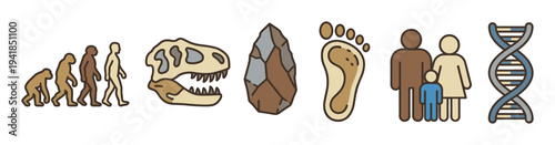 Set of human evolution icons showing the march of progress, a dinosaur skull, a stone tool, a footprint, a family pictogram, and a DNA helix representing anthropology