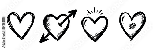 Four black hand-drawn heart icons in a sketchy grunge style, a collection of romantic symbols including one pierced by an arrow and another one shining with love
