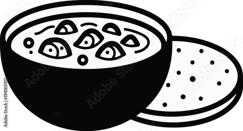 Stylized illustration of a bowl filled with food and a dotted flatbread