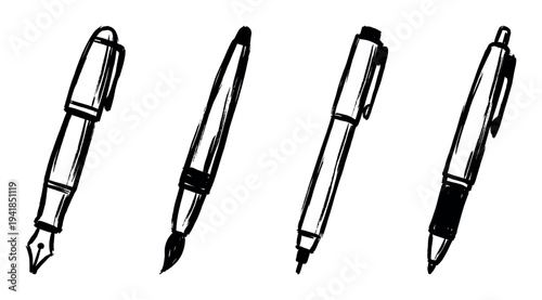 Set of four hand-drawn writing tools including a fountain pen, brush, marker, and ballpoint pen, depicted in a rough black ink sketch illustration style