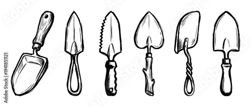 Collection of six hand-drawn gardening trowels and small shovels in a black ink sketch style, showcasing various designs for planting, digging, and horticulture