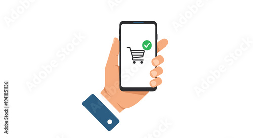 A light-skinned hand with a blue cuff firmly holds a black smartphone displaying a shopping cart icon and a green checkmark on its screen against a clean white background.