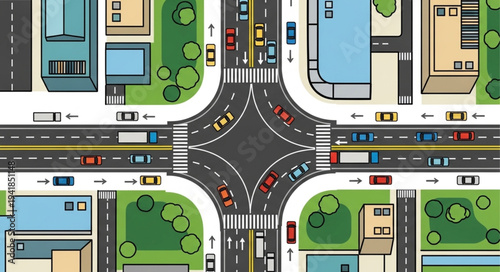 Aerial View of a Busy City Intersection with Traffic.