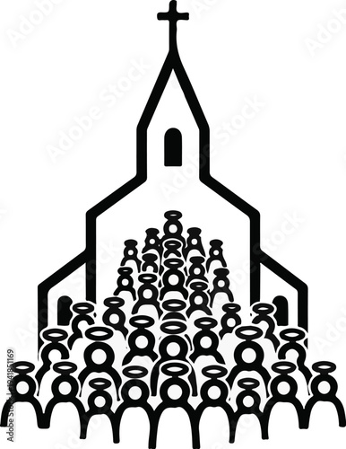 Stylized illustration of a church with a congregation of haloed figures