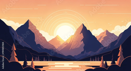 Majestic Mountain Range with Sunrise Over Lake.