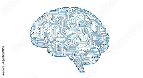 An intricate light blue circuit board pattern meticulously fills the entire outline of a human brain, creating a technological representation on a pristine white background.