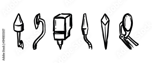 Six abstract hand-drawn black ink symbols are depicted in a rough, expressive doodle style, showcasing various shapes and forms with a distinct artistic flair