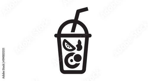 Simple black and white vector graphic illustration of a delicious fruit smoothie in a travel cup