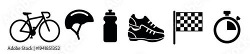 Set of black triathlon sport icons including a bicycle, helmet, water bottle, running shoes, checkered flag, and stopwatch representing a race or competition