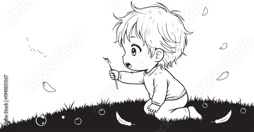 Vector illustration of a child blowing dandelion seeds