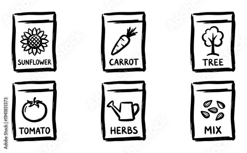 Set of six hand-drawn seed packets featuring various plants like sunflower, carrot, and tomato, presented as a simple black and white line art illustration for gardening concepts