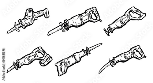 Collection of six reciprocating power saws illustrated in a bold black and white sketch style, showing various models and angles for construction and demolition concepts