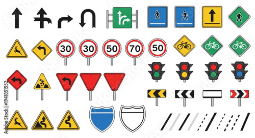 Collection of diverse road signs for traffic safety and navigation.