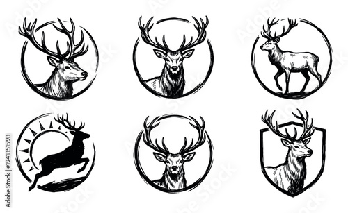Collection of six hand-drawn deer emblems featuring majestic stags with large antlers in various poses, including portraits and a jumping silhouette, rendered in a rustic sketch style