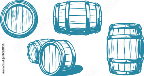 Hand Drawn Wooden Barrel Set Vector Illustration, Vintage Barrel Sketch Collection.