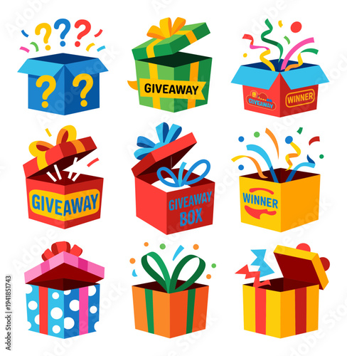 Collection of Colorful Giveaway and Gift Boxes with Confetti