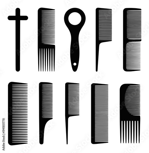 Collection of Black Silhouette Combs and Hair Styling Tools