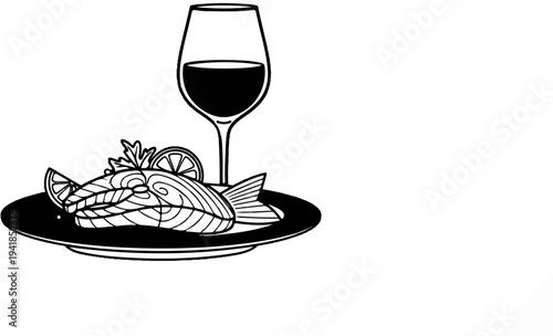 Stylized illustration of a salmon fillet with lemon and parsley, beside red wine