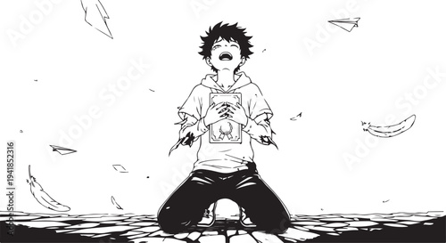 Vector illustration of a manga-style boy throwing bananas