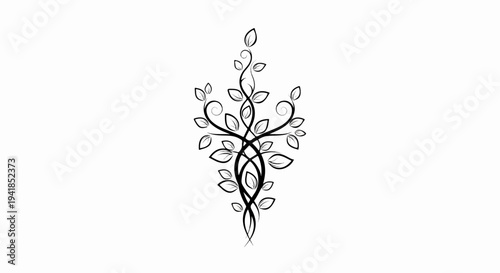 Stylized black and white vine with leaves and swirling tendrils
