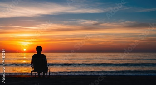 Silhouette of person watching sunset over ocean dramatic sky copy space