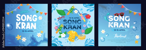 Songkran thailand water festival thai greeting card illustration 