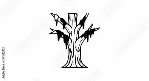 Stylized drawing of a bare, gnarled tree with drooping branches