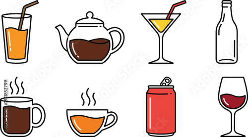 Set of beverage drink icons including juice, tea, cocktail, bottle, coffee, soda, wine cups vector illustration collection minimal line style