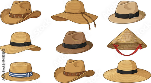 Stylish hat collection vector, cowboy straw fedora asian conical hats set, summer fashion headwear icons, vintage western hat illustration