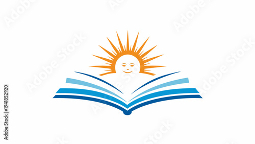 Illuminated open book with a smiling sun face as the cover