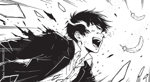 Angry businessman screaming in frustration, monochrome manga style vector illustration