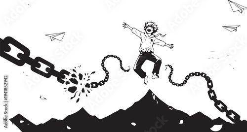 Breaking free vector illustration, man escaping from chain