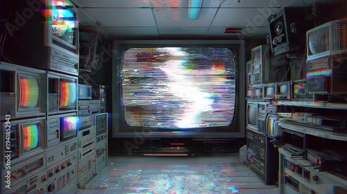Retro Television Room with Glitching Effect and Portal Visuals