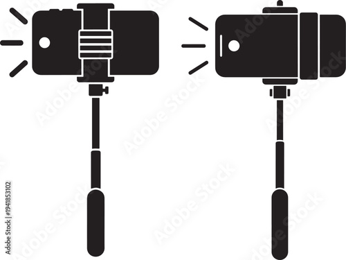 Silhouette icons of selfie sticks with smartphones attached