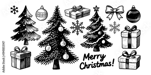 Hand-drawn Christmas trees, gift boxes, bows, ornaments, and snowflakes on white background. Holiday celebration and festive concept