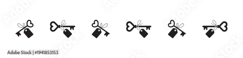 Vintage love key with heart shaped bow and gift tag seamless border icon pattern